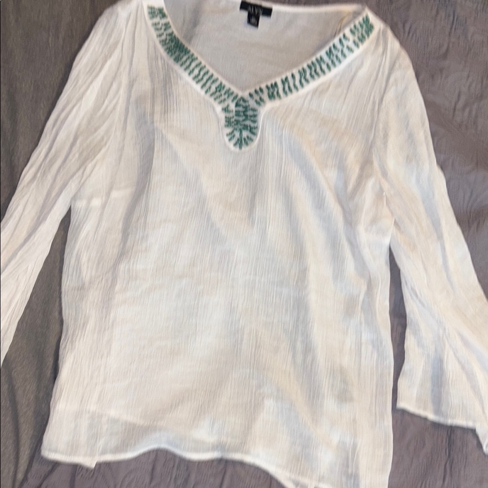 Alyx White Blouse with Teal Embroidery